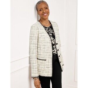 TALBOTS Tipped Tweed Blazer Size 16 Cream Black Crest Buttons Chic Jacket Career